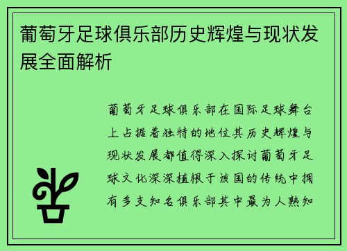 葡萄牙足球俱乐部历史辉煌与现状发展全面解析